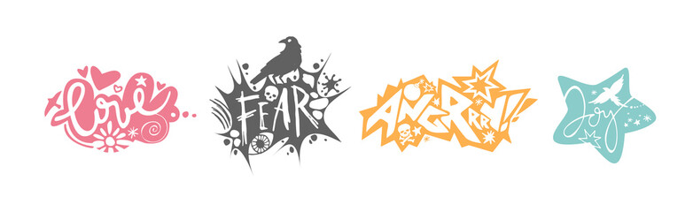 Set of different emotions, cartoon drawing isolated on white background