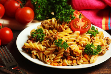Fusilli pasta with meat and vegetables	