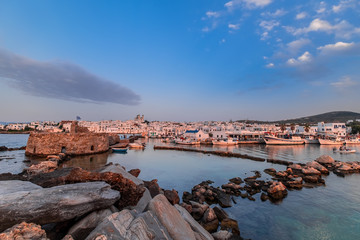 Naousa town - main tourist attraction in Paros island, Cyclades. Harbor with ancient stone Venetian...