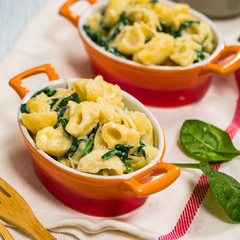 Parmesan Spinach Macaroni and Cheese on Wooden Background. Selective focus.