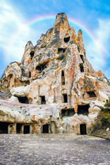 Naklejka premium Amazing forms of caves and sandstone in the canyon of Cappadocia, Central Anatolia Region of Turkey, Asia. Toned