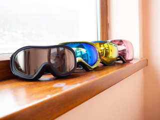 ski and snowboard goggles, mask for helmet. Copy space