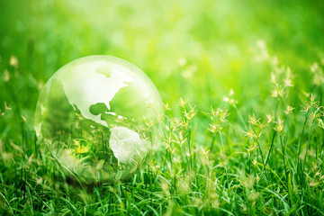 Earth glass on green grass in sunlight, Love and Save the World for the Next Generation concept,...