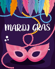 Fototapeta na wymiar Mardi gras mask with necklaces and feathers vector design