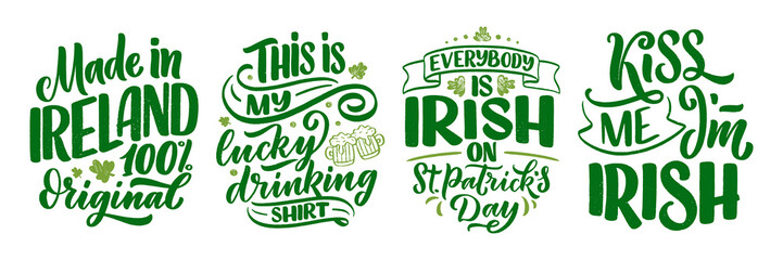 Set with St. Patrick's Day quotes, typography greeting cards template. Lettering slogans for print, t-shirt, festive design element. Vector - obrazy, fototapety, plakaty