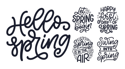 Set with Spring time lettering greeting cards. Fun season slogans. Typography posters or banners for promotion and sale design. Calligraphy prints. Vector