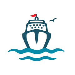 Sea vessel, waves, seagull. Vector color icon in cartoon style. Hand drawing isolated on a white background.