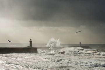 Great marine wave breaking over the breakwater of the Foz do Douro lighthouse in Porto, seagulls, sun rays, marine storm under a cloudy sky