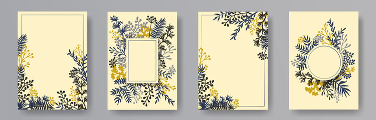 Hand drawn herb twigs, tree branches, leaves floral invitation cards templates. Bouquet wreath elegant cards design with dandelion flowers, fern, lichen, olive branches, savory twigs.