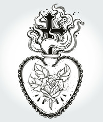 The beautiful sacred heart . Tattoo art, graphic, t-shirt design, postcard, poster design, coloring books,spirituality, occultism.Isolated vector illustration.