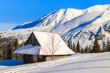 Old wooden mountain hut in beautiful winter landscape of Gasienicowa valley, Tatra Mountains, Poland