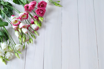 Valentine card.Template greeting card for Valentine's Day. Spring card for Mother's Day, Women's Day. Greeting card with white and pink eustomas .copy space. March 8