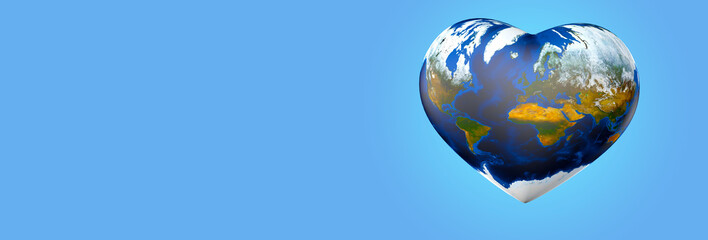 Heart shaped earth on blue background for eco friendly banners or ecological protest. 3D illustration.