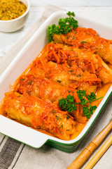 Stuffed Cabbage Rolls With Ground Beef and Rice. Selective focus.