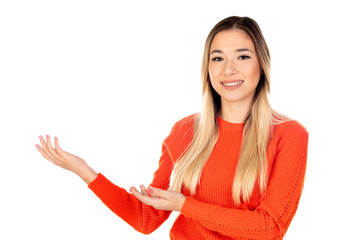 Pretty blonde woman with red jersey