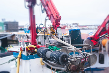 Fototapeta na wymiar View of fishing equipment on fishing trawler ship in Svolvaer, Norway, Lofoten Islands, Nordland