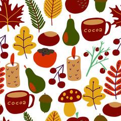 Seamless pattern with autumn leaves, fruits, drinks and food