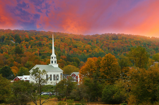 Overlooking a peaceful New England Village in the autumn at sunset, Stowe, Vermont, USA