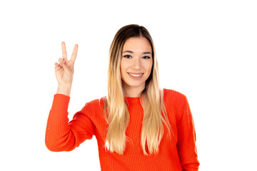 Pretty blonde woman with red jersey