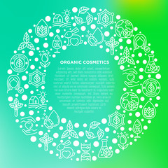 Organic cosmetics concept in circle with thin line icons. Signs: cruelty free, 0% alcohol, natural ingredients, paraben free, eco friendly, no mineral oil, non GMO. Modern vector illustration.