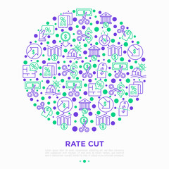 Rate cut concept in circle with thin line icons: cutting price, cost reduction, sale, discount, receipt, loyalty card, interest. Modern vector illustration.