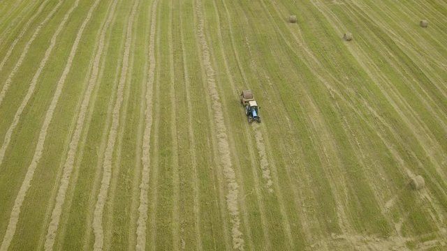 Agricultural field on farm with tractors making haystacks during harvesting.