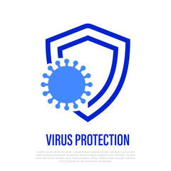 Fototapeta premium Virus protection: immunity is attacked by bacteria. Thin line icon. Healthcare and medical vector illustration.
