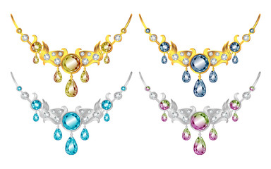 Golden and silver necklace with gems realistic illustrations set