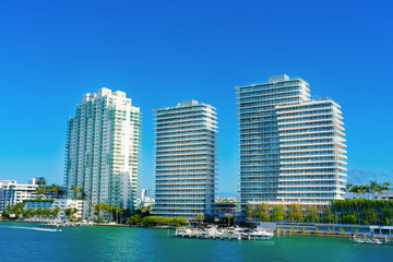 Fototapeta na wymiar View at Miami residentcial and office skyscrapers by waterfront