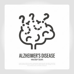 Alzheimer's disease: brain with question marks. Dementia thin line icon. Healthcare and medical vector illustration.