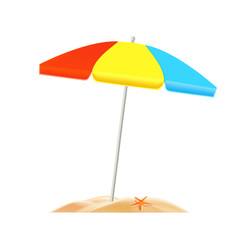 Obraz premium Colored umbrella in the sand on the beach, sun protection, element for design, vector illustration.