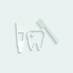 paper tooth icon , Toothbrush and toothpaste  vector icon 