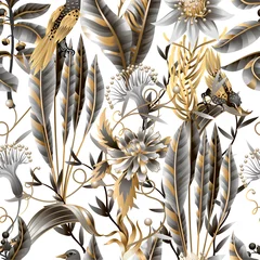 Fototapete Vintage Blumen Nahtloses Muster mit goldenen und metallischen Blättern, Blumen und Vögeln. Vektor.