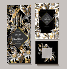 Wedding invitation with golden and metallic leaves, flowers and birds. Vector.