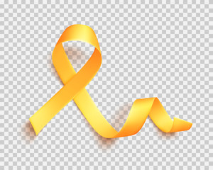 Realistic gold ribbon. World childhood cancer symbol 15th of february, vector illustration. Template for poster for cancer awareness month in september. - obrazy, fototapety, plakaty