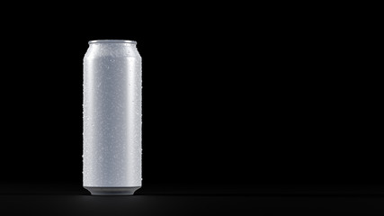 3D image of one white gray aluminium cold can  with water droplets. On the black background