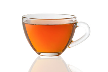 Glass cup of black tea isolated on a white background.