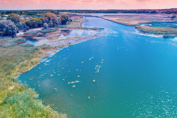 Aerial view of the lake on a sunny summer day