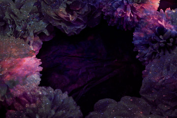 Beautiful abstract color blue and purple flowers on black background and blue graphic flower frame and pink leaves texture, purple background, colorful graphics banner happy valentine day