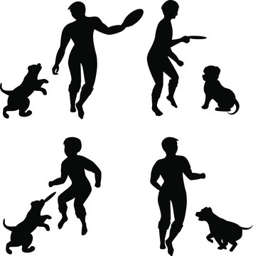 vector image of silhouettes of playing puppies with his master. Preparing a dog for a contest or performance for a title. Dog skills demonstration