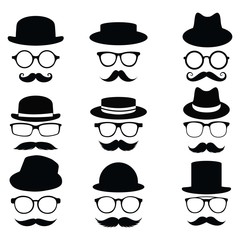 Mustache and Glasses with hat icon set. vector Illustration	