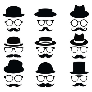 Mustache and Glasses with hat icon set. vector Illustration	