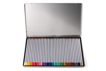 Color pencils in metal case isolated on white
