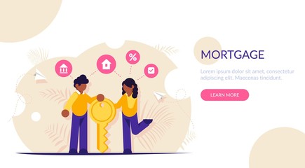 Happy family stands with the key to their new home or apartment. Concept of a mortgage loan for the banking sector. Modern flat illustration.