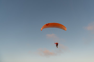 Paraglider flying over thesea shore at sunset. Paragliding sport concept.