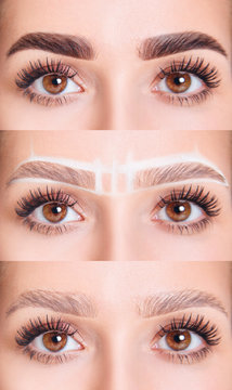 Female eyes before and after eyebrows dying and modeling by steps.