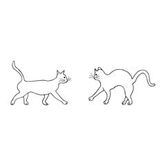 Two cats go towards each other, one arched its back and wary. Doodle black and white illustration on white background. Cute animals