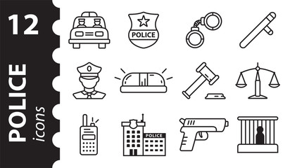 Police icons in modern flat style. A set of vector linear symbols.