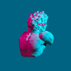 Plaster bust of a crying laocoon. Social network. neon concept art.