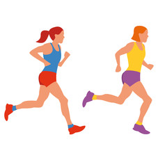 Running women. Beautiful girls in excellent sport shape runs. Cartoon realistic illustration. Flat sportive people. Concept sports lifestyle, training. Fitness. Vector illustration on white background